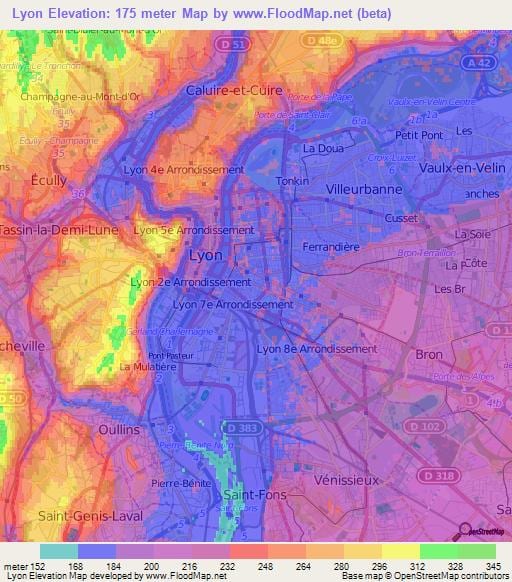 mapa topográfico de Lyon